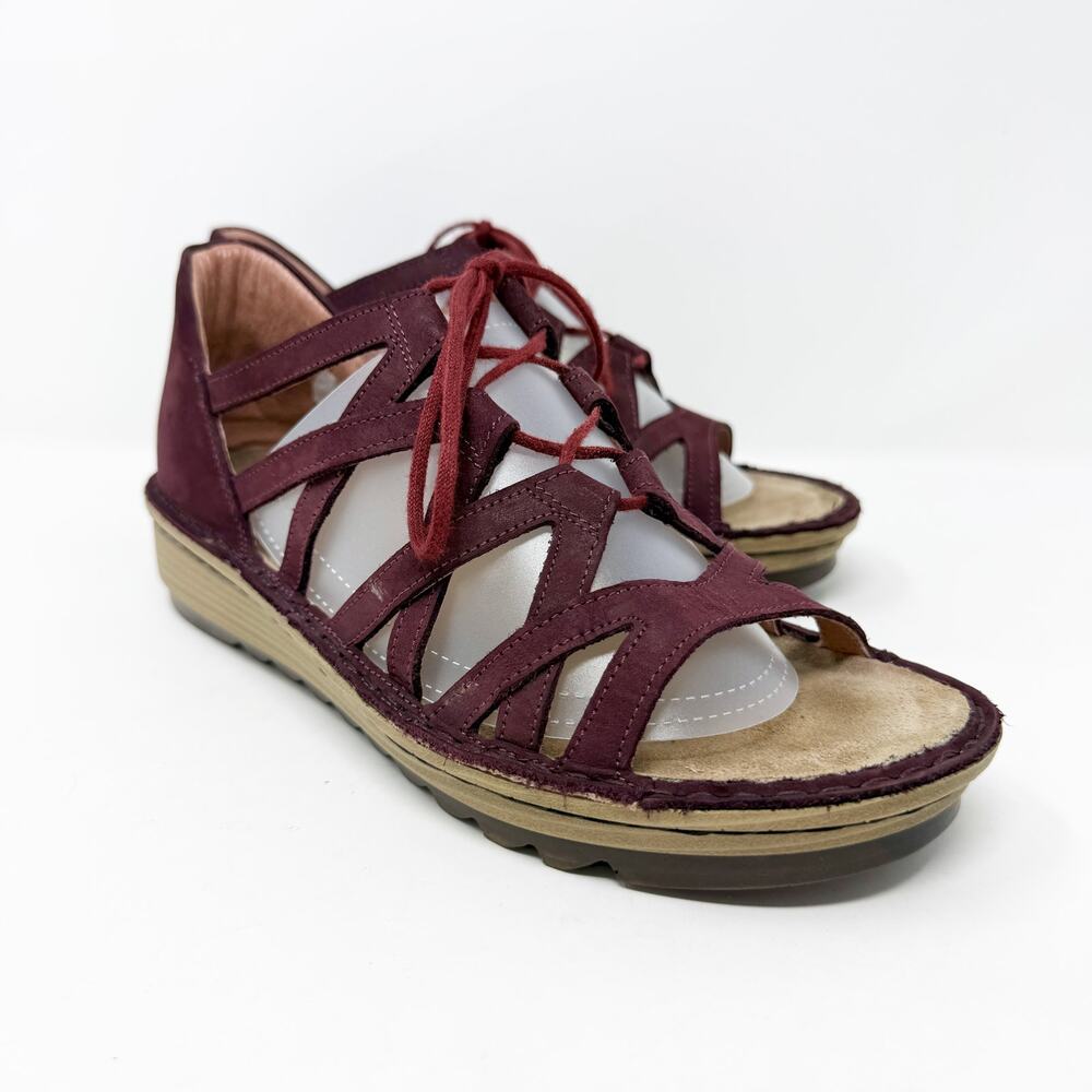 NAOT Burgundy Suede Low Wedge Sandals Size EU 37/US 6 EUC Lace Up Made in Israel